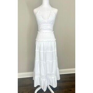 Seaspice Maxi Skirt/Halter Top Set Sz L Peruvian Cotton Crochet Boho Beach NWT